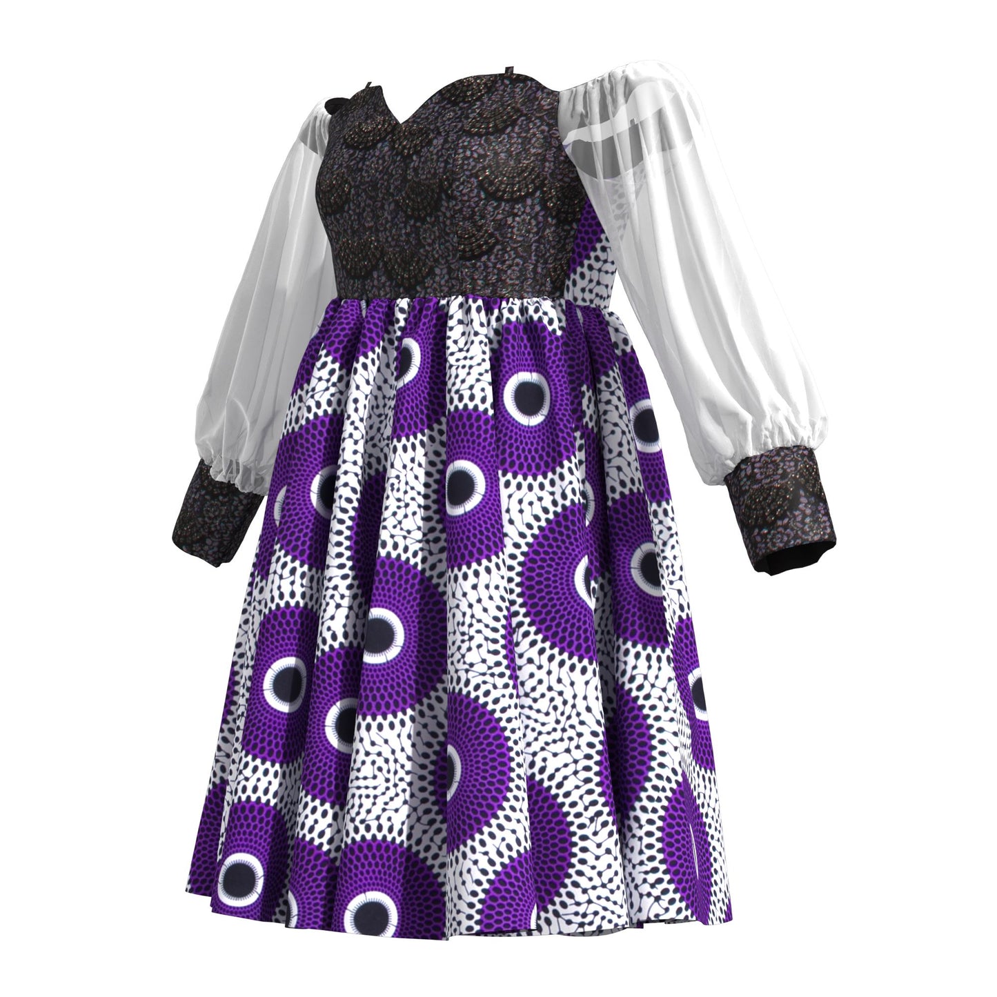 African Print Sequin Off Shoulder Mesh Sleeve A-Line Dress