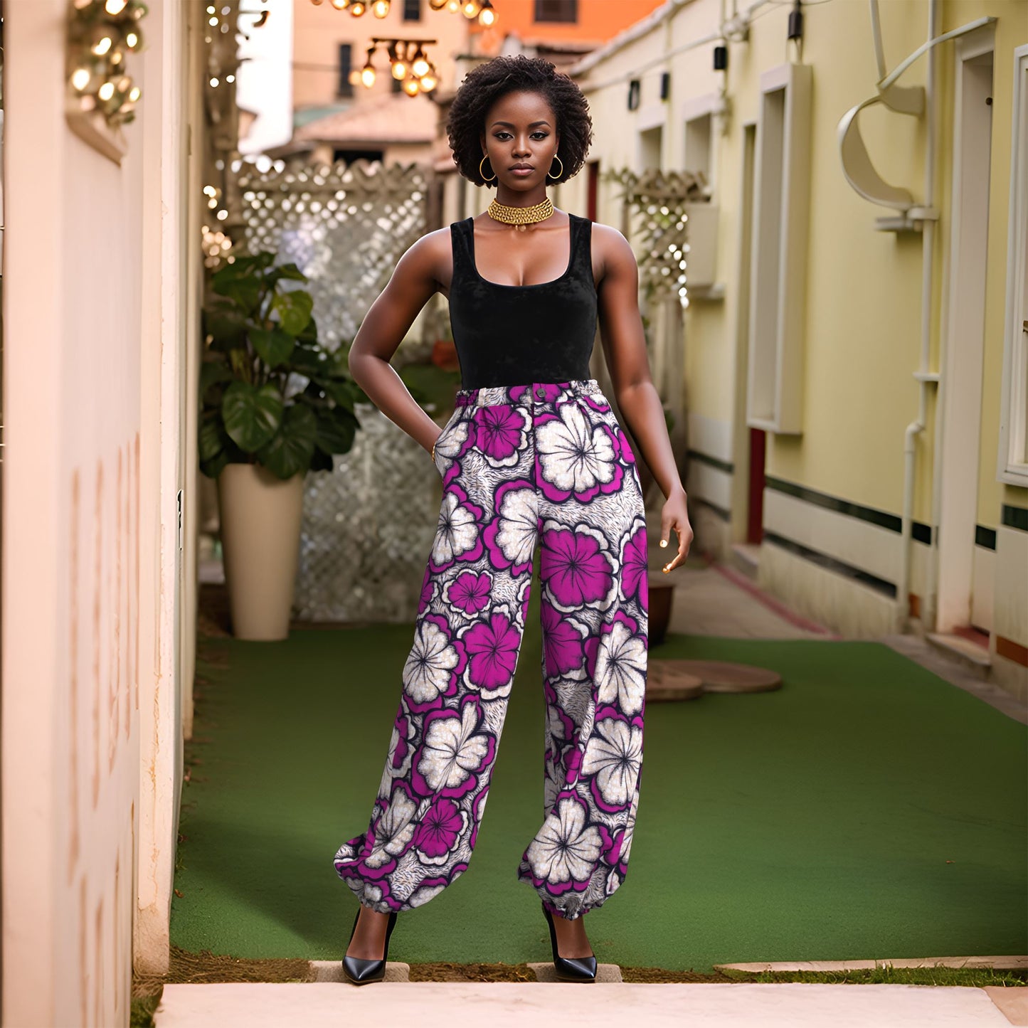Authentic Kente Print High-Waist Jogger Pants – Vibrant African Wax Print Trousers for Afrocentric Fashion