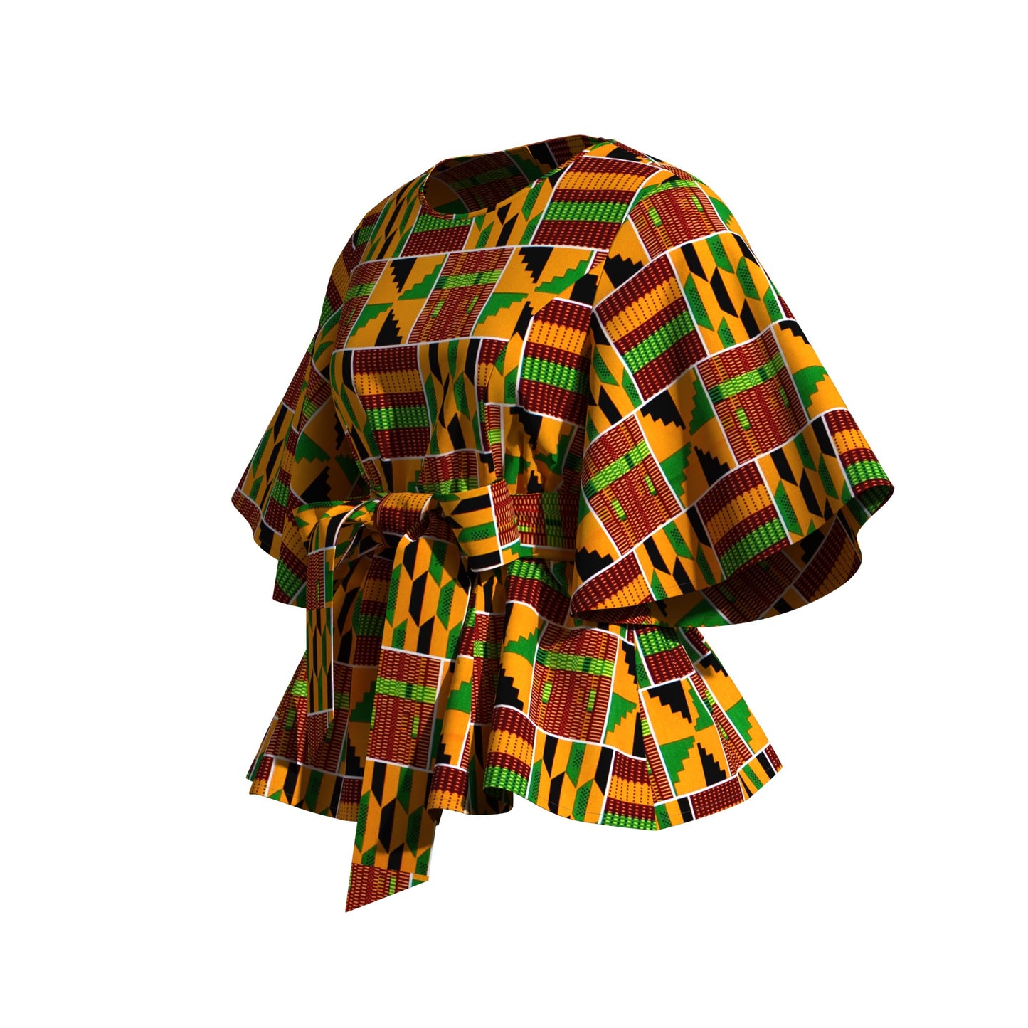 African Print Flare Sleeve Peplum Blouse with Waist Sash