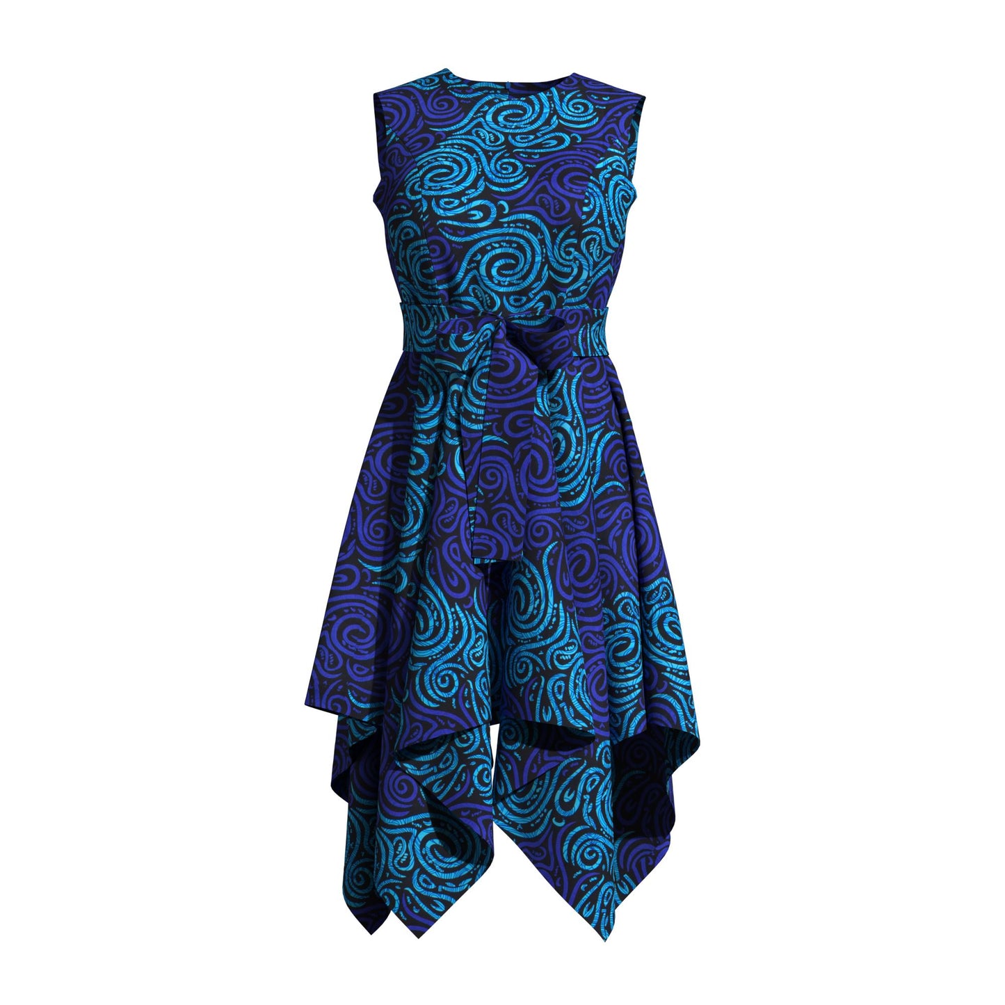 Sleeveless African Print Fit-and-Flare Dress with Asymmetrical Hem