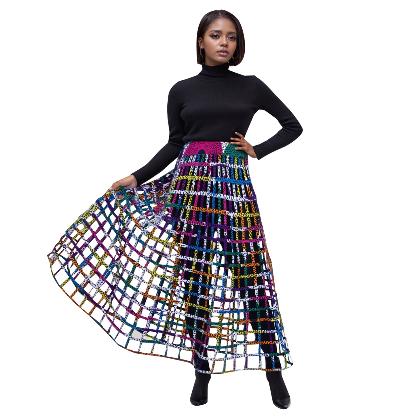 Ankara Grid Weave High-Waist Maxi Skirt