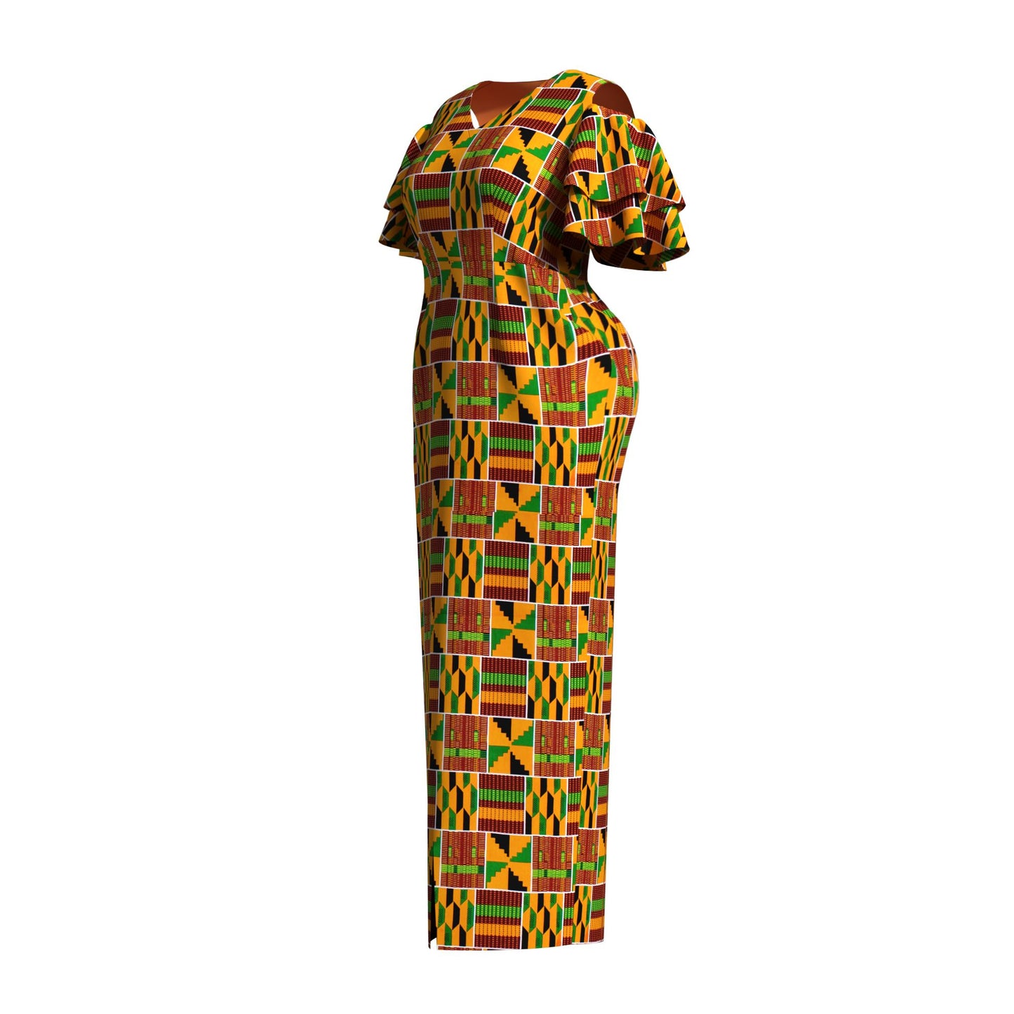 African Print Cold Shoulder Maxi Dress with Ruffle Sleeves