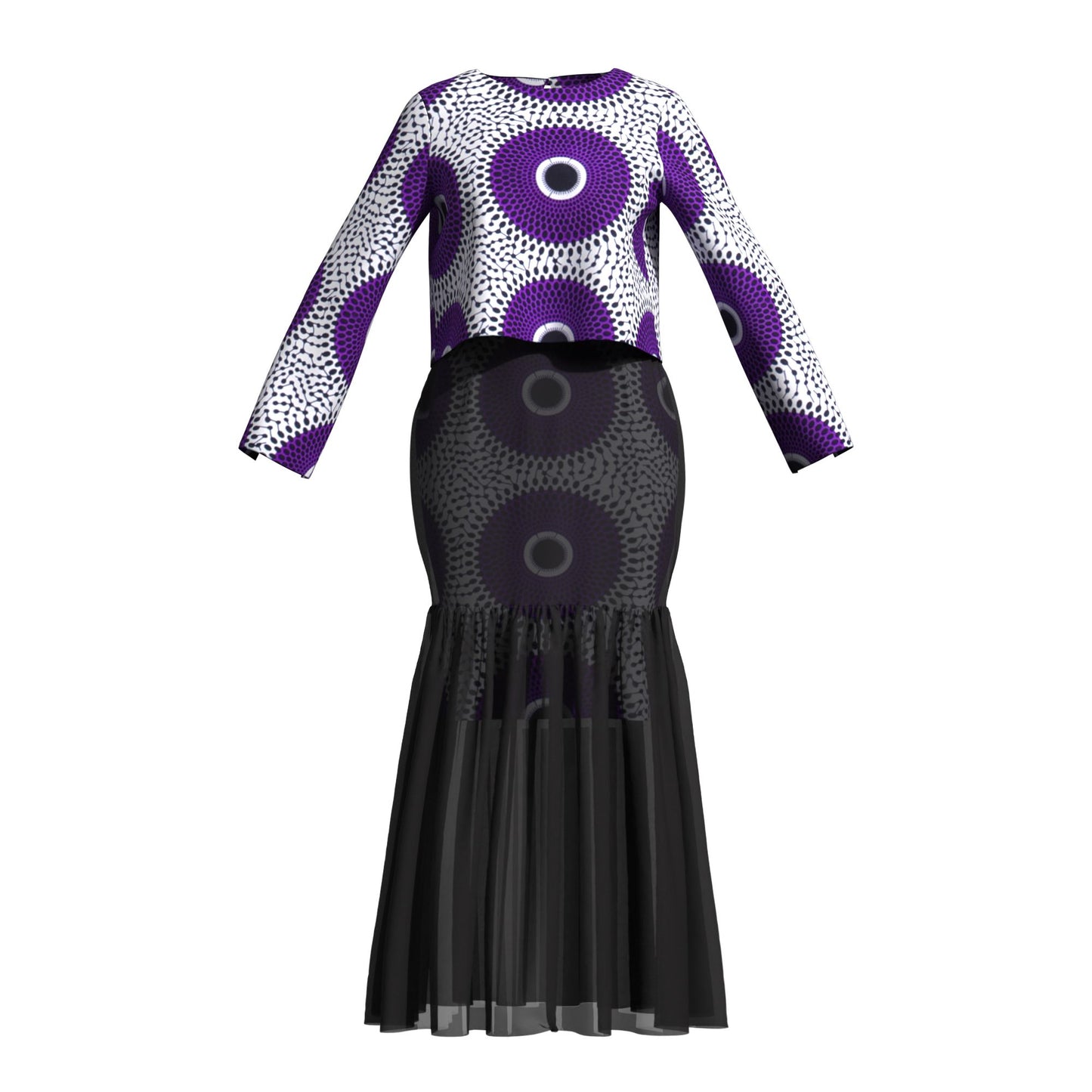African Print Layered Sheer Mesh Mermaid Maxi Skirt Two Piece Set