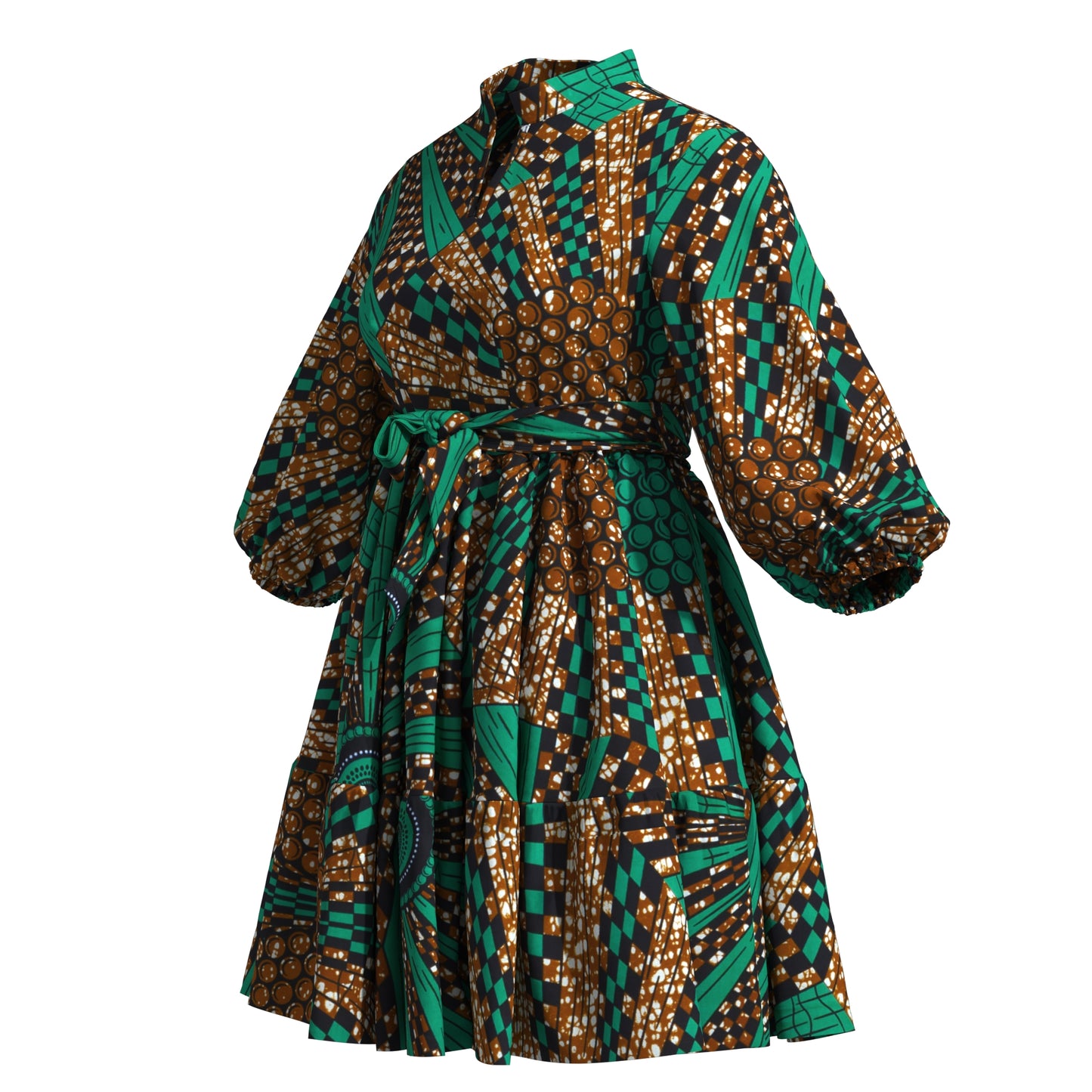 African Print Versatile Belted Stand Collar Casual Dress