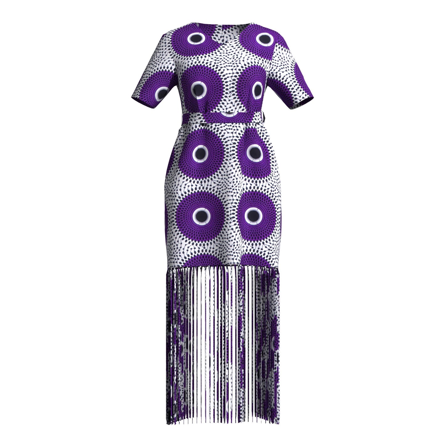 Bold Circular Ankara Print Fringe Hem Dress – Afrocentric Short Sleeve Midi Dress
