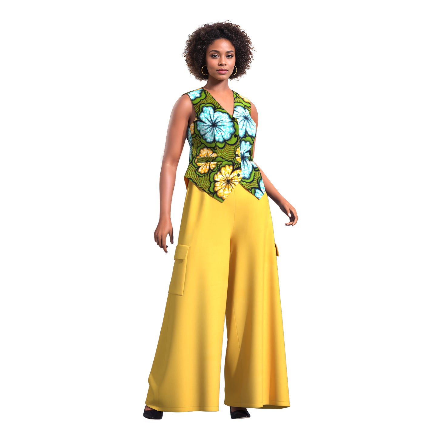 Ankara Print V-Neck Vest and Cargo Pocket Wide Leg Pants Set