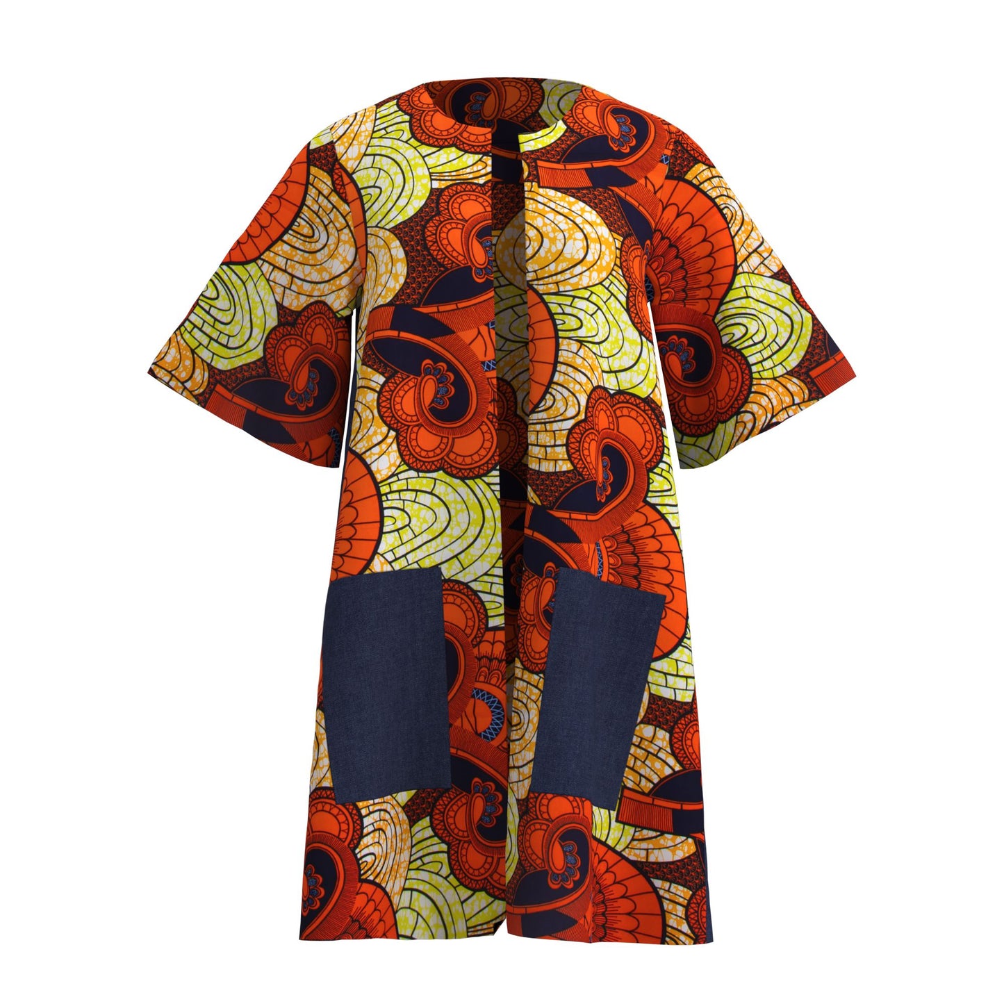 Women's African Print Long Kimono Jacket No-Button Loose Fit with Pockets Ankara Fashion Top