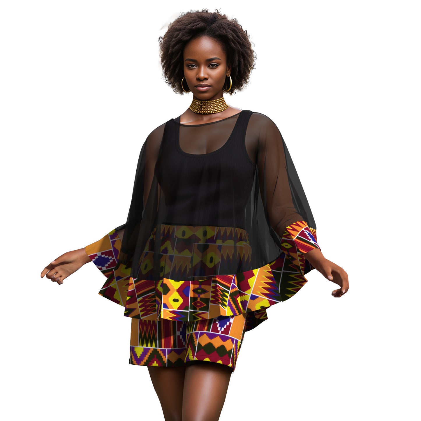 African Print Chiffon Cape Top & Shorts Two-Piece Set