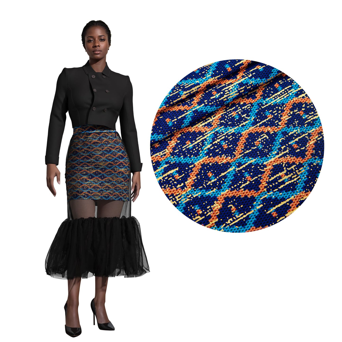 African Print Mesh Overlay Mermaid Midi Skirt