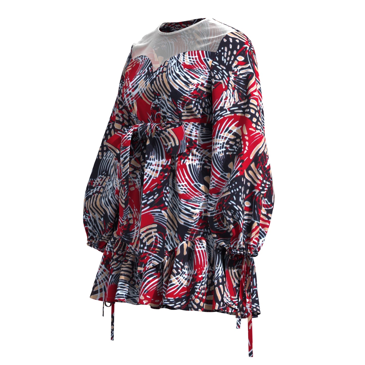 Sheer Mesh Neck African Print Belted Mini Dress