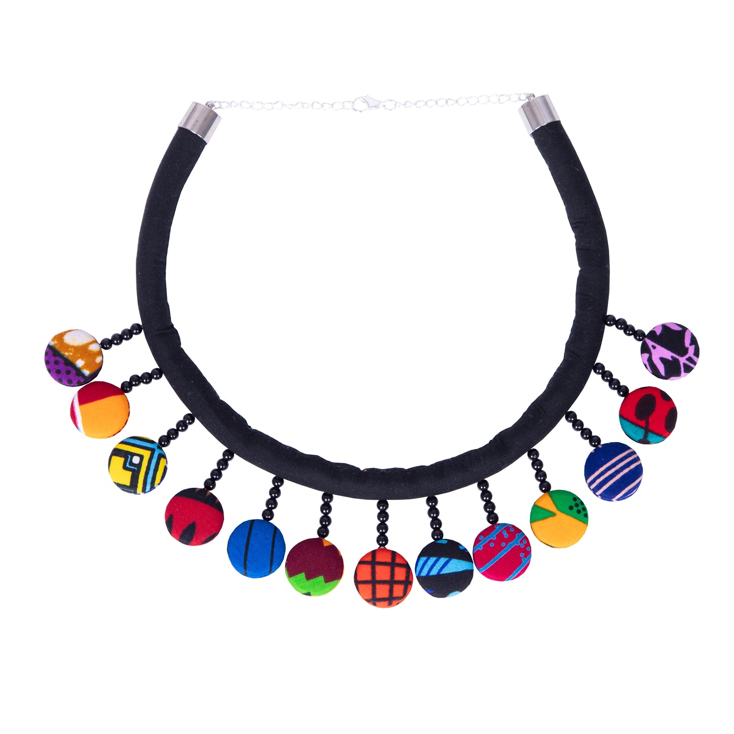 Ladies Kente Geometric Print Multi Round Fabric Button Bib Choker Adjustable Extension Chain Women Outfit Accessories
