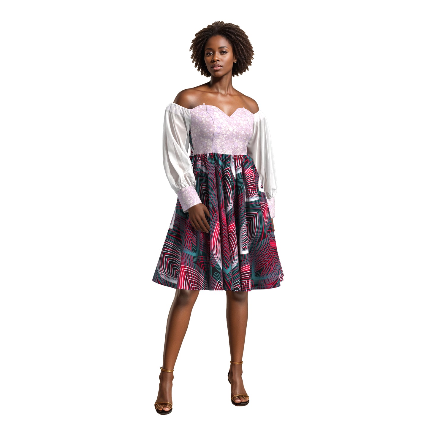 African Print Sequin Off Shoulder Mesh Sleeve A-Line Dress