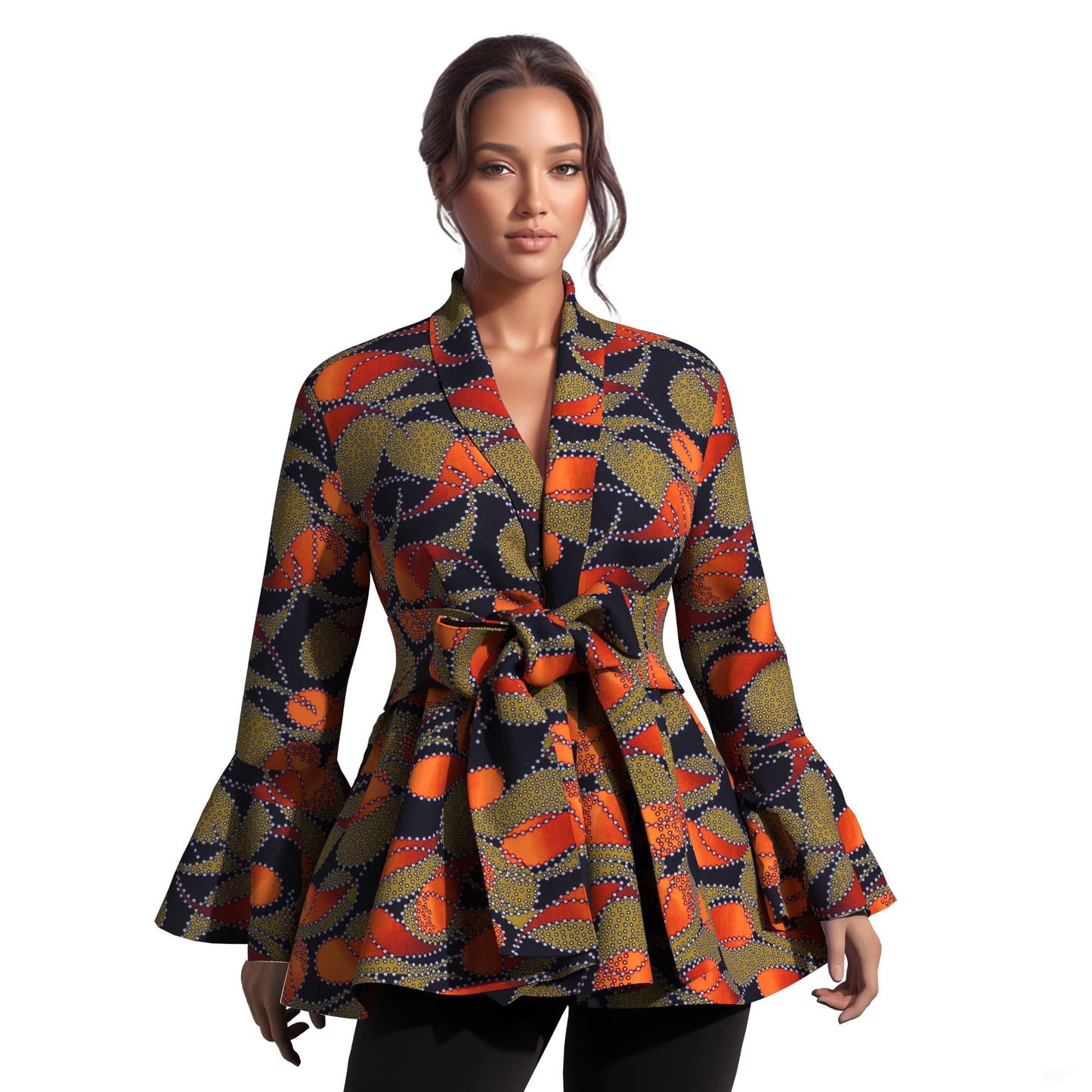 Ladies Vibrant Ethnic Geometric Print Stand Collar Bell Sleeve Peplum Top With Coordinating Waist Tie