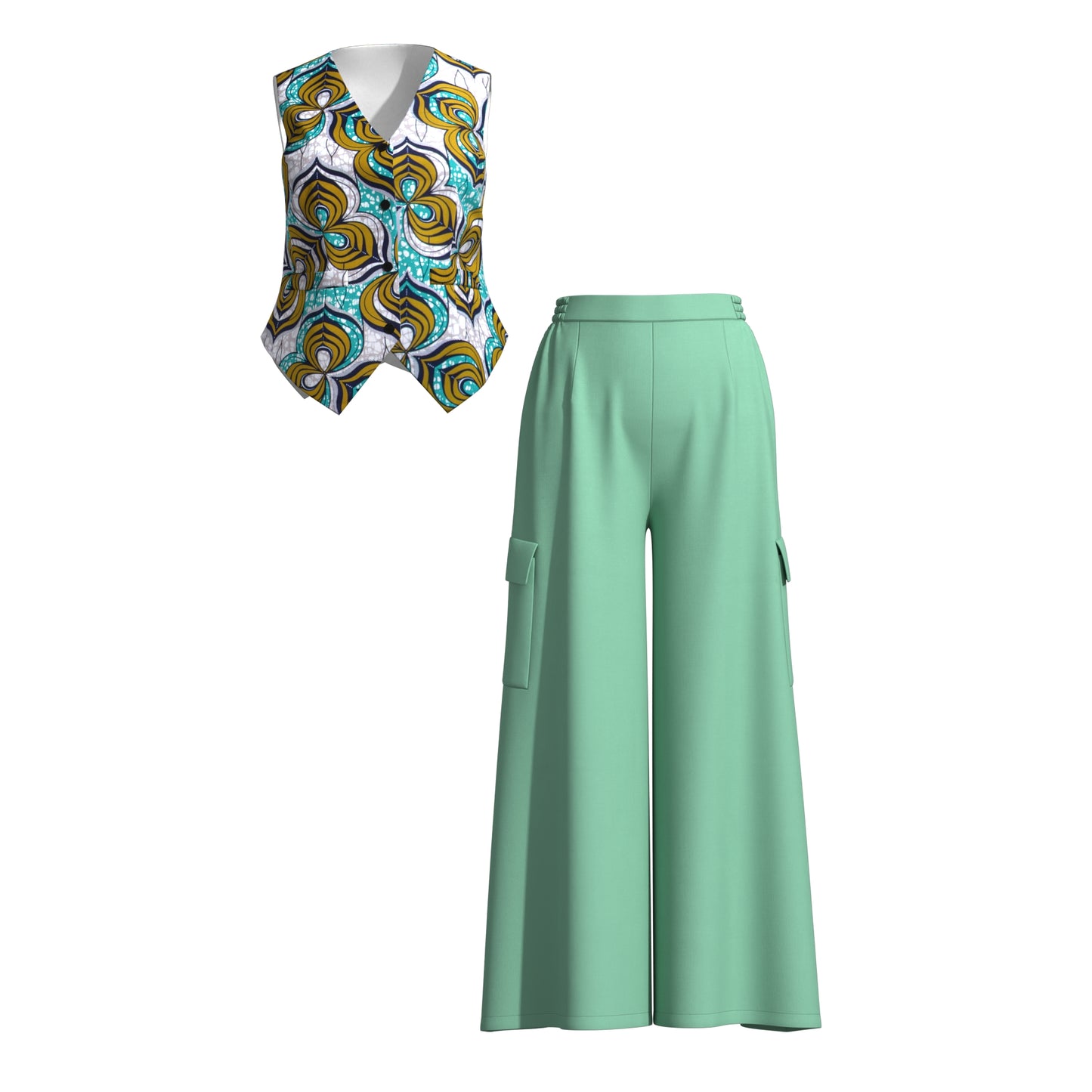 Ankara Print V-Neck Vest and Cargo Pocket Wide Leg Pants Set