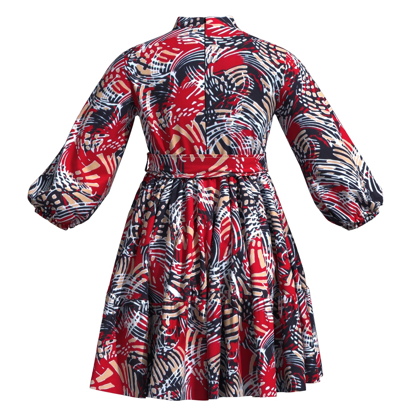 African Print Versatile Belted Stand Collar Casual Dress