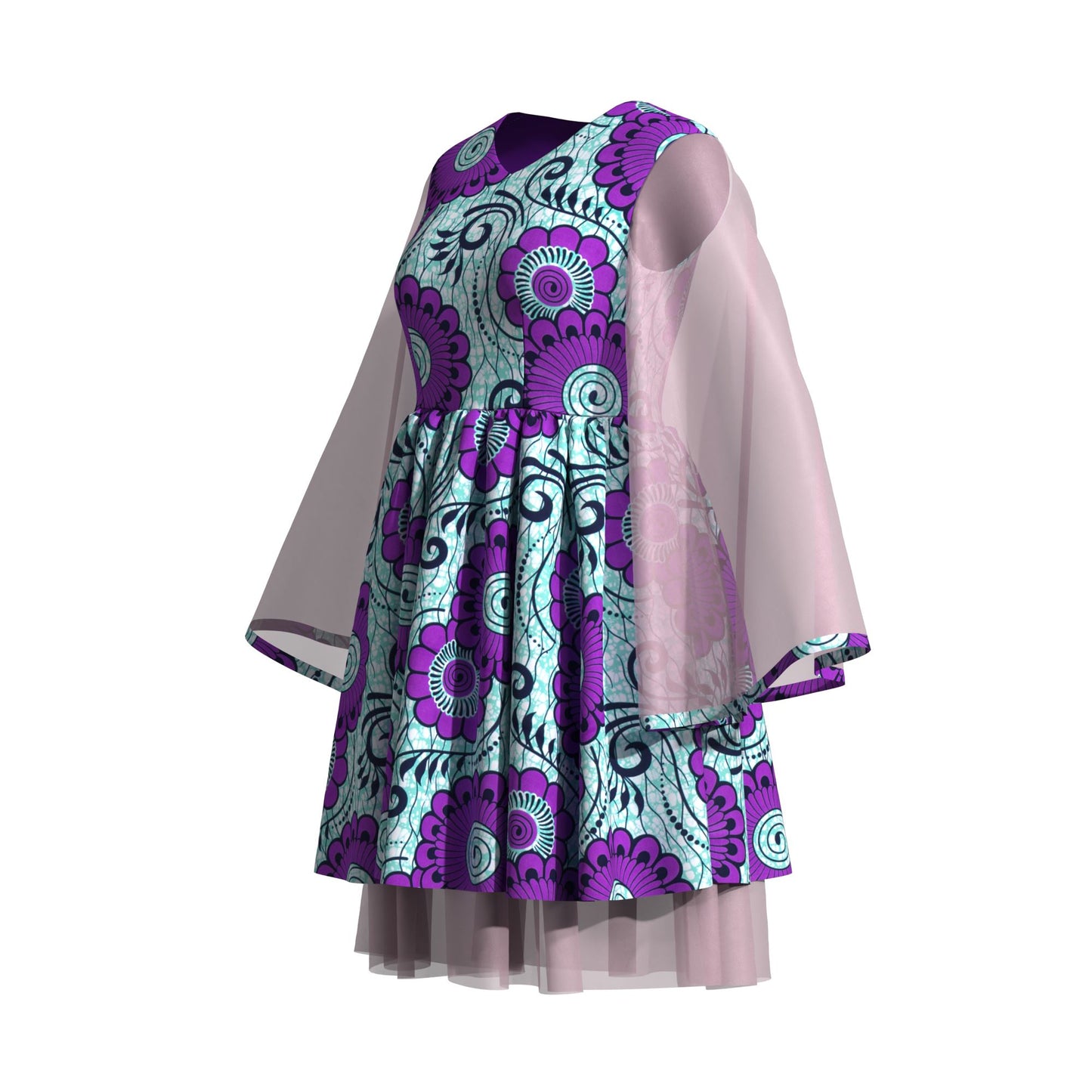Ethnic African Floral Print Sheer Mesh Flare Sleeve Dress