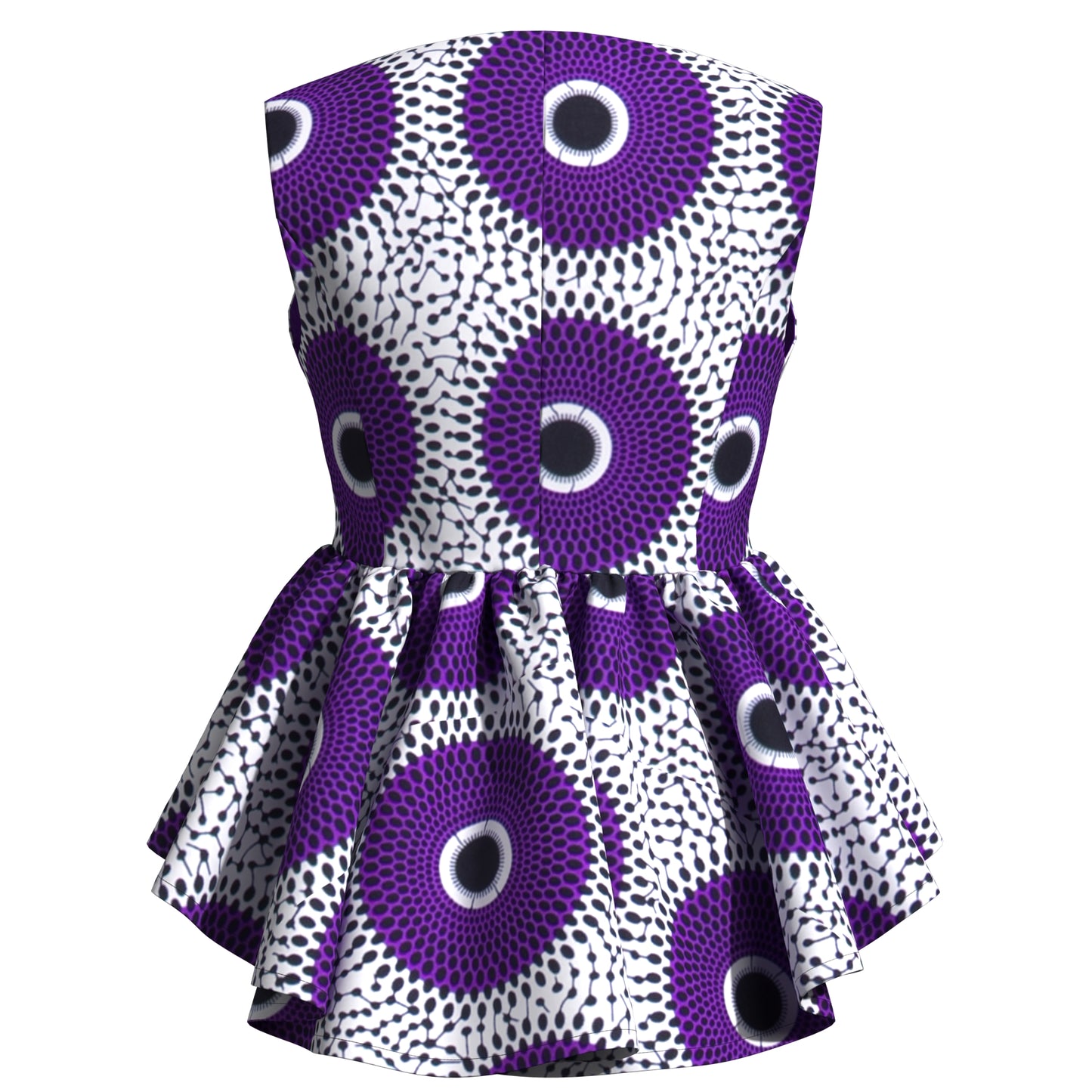 Handmade African Wax Print Sleeveless Peplum Blouse with Ruffle Detail