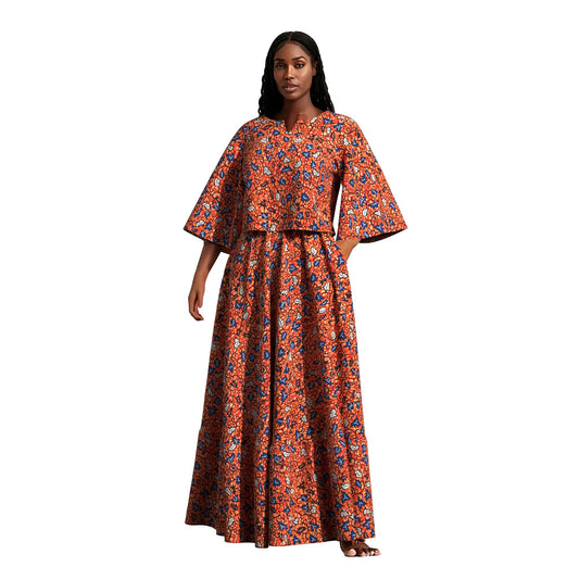 African Print Two Piece Outfit Women Notch Neck Crop Top & Tiered Maxi Skirt Set High Waist Slimming Matching Suit