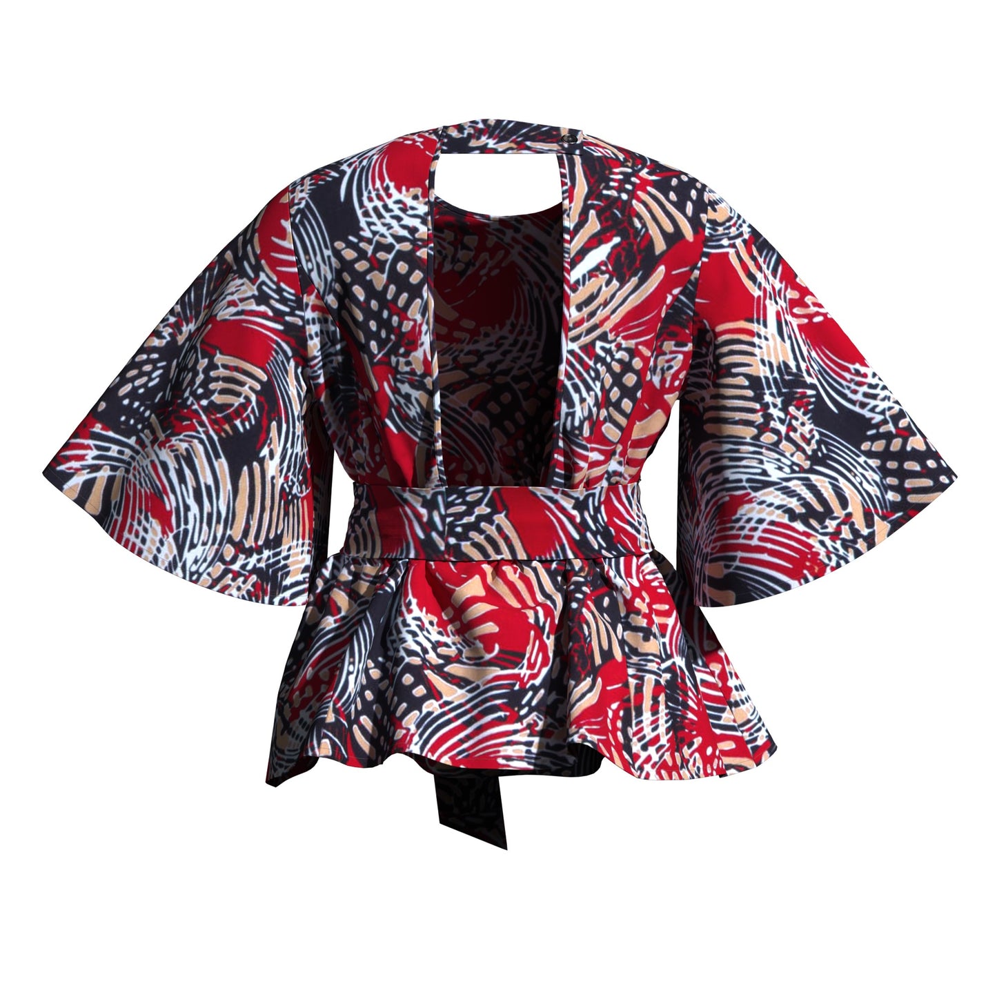African Print Flare Sleeve Peplum Blouse with Waist Sash