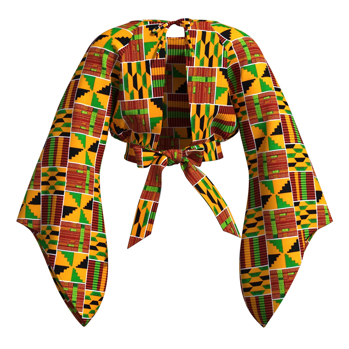 rinted Open Back Crop Top with Tie Waist & Extra Wide Bell Sleeve