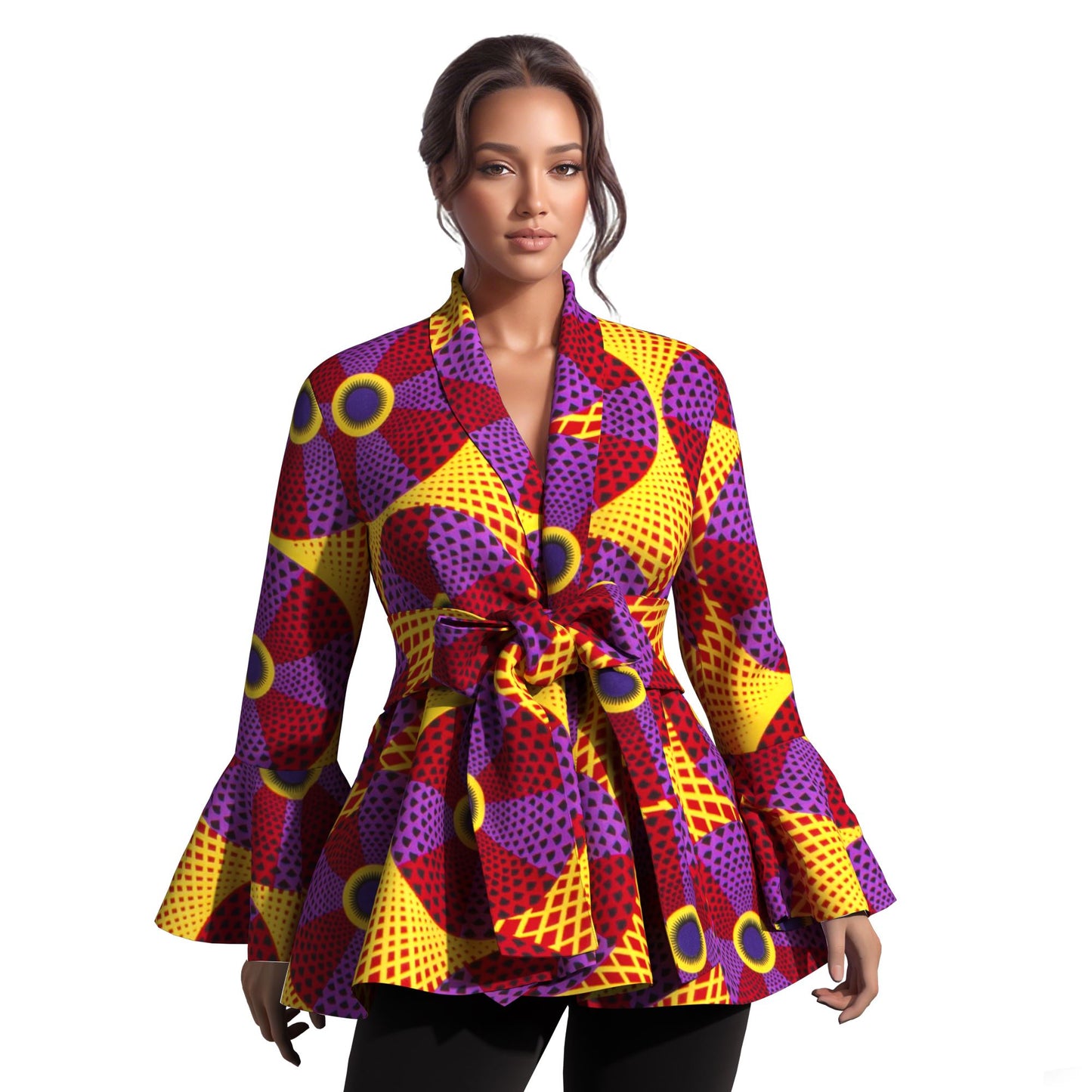 Ladies Vibrant Ethnic Geometric Print Stand Collar Bell Sleeve Peplum Top With Coordinating Waist Tie