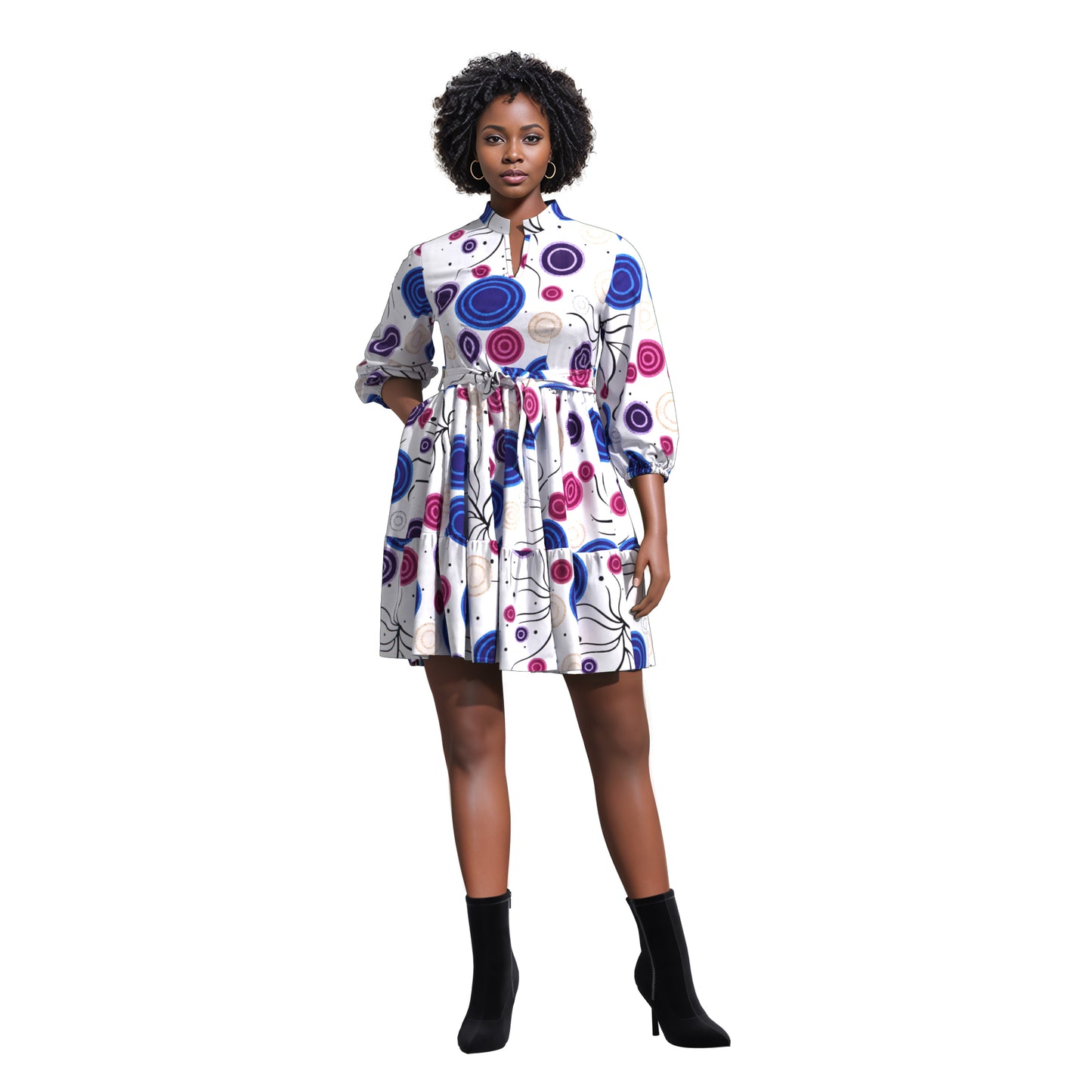 African Print Versatile Belted Stand Collar Casual Dress