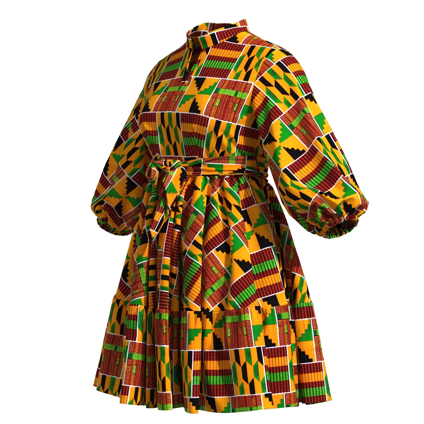 African Print Versatile Belted Stand Collar Casual Dress