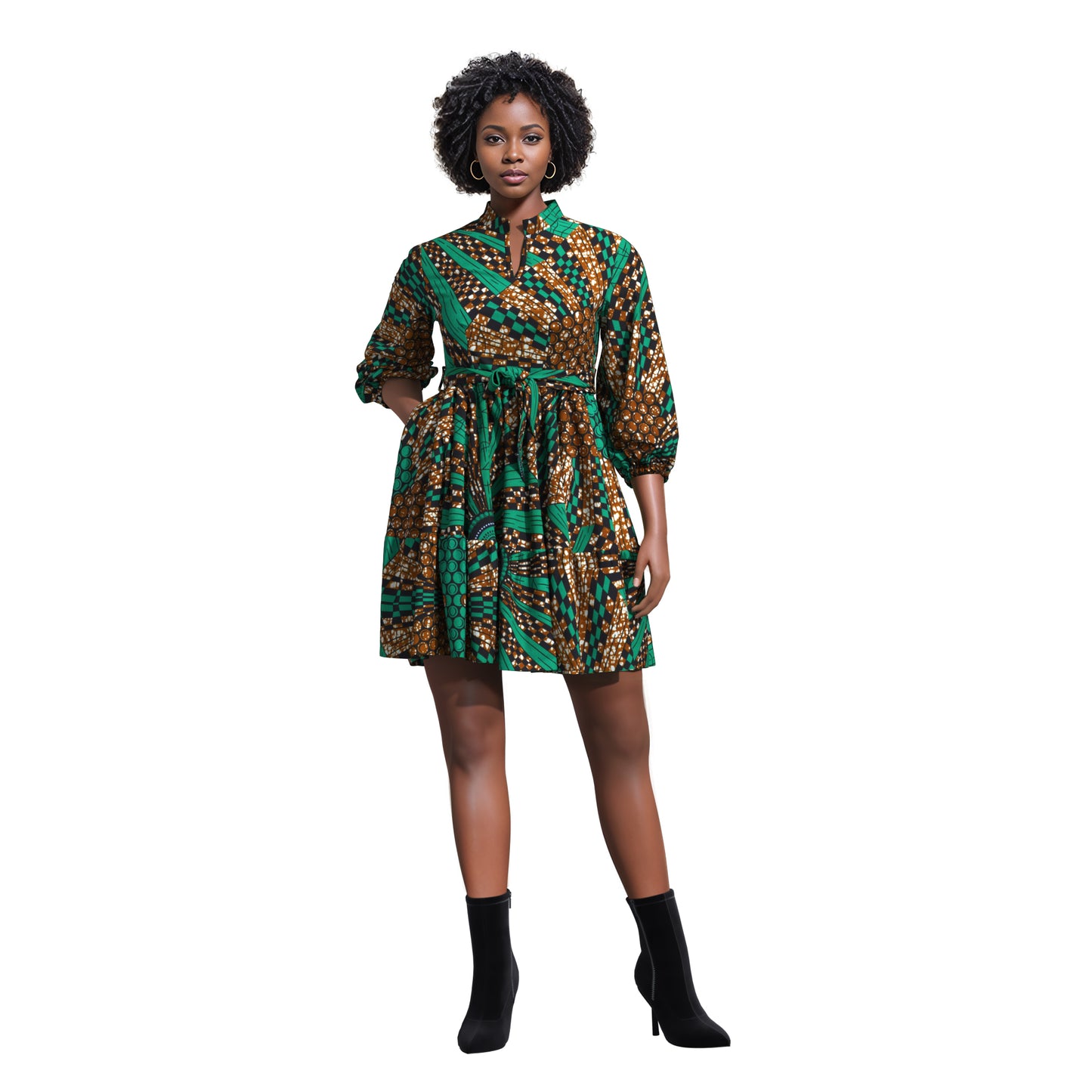 African Print Versatile Belted Stand Collar Casual Dress
