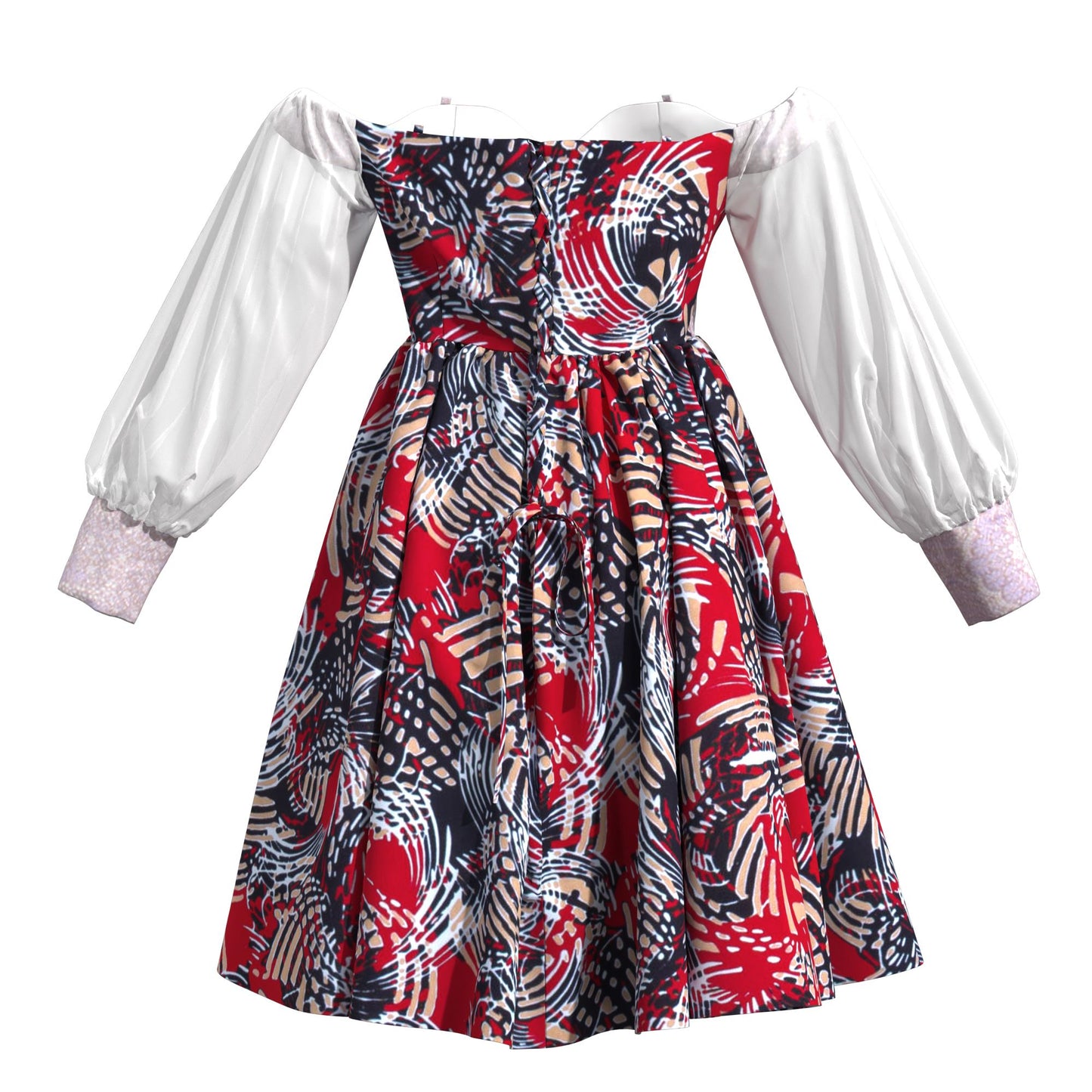 African Print Sequin Off Shoulder Mesh Sleeve A-Line Dress