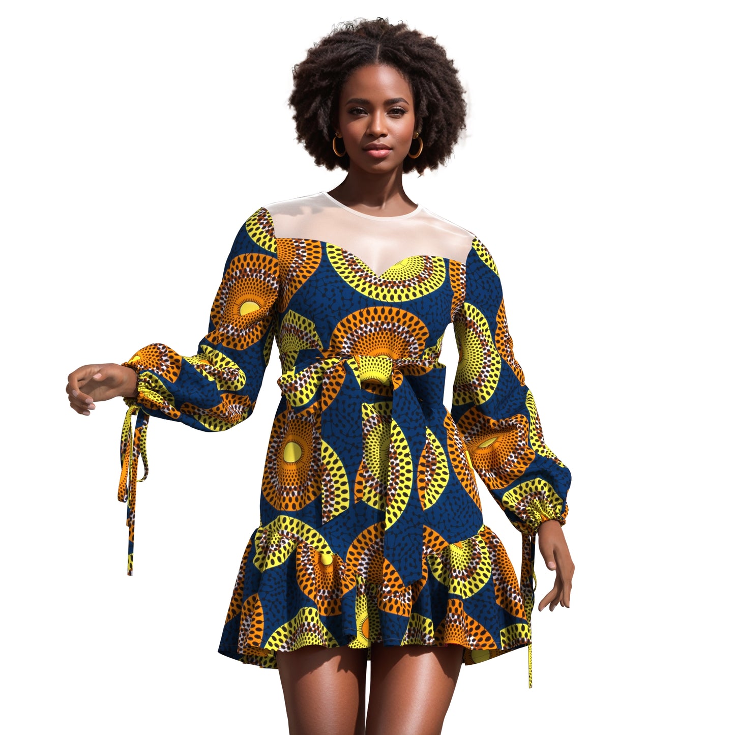 Sheer Mesh Neck African Print Belted Mini Dress
