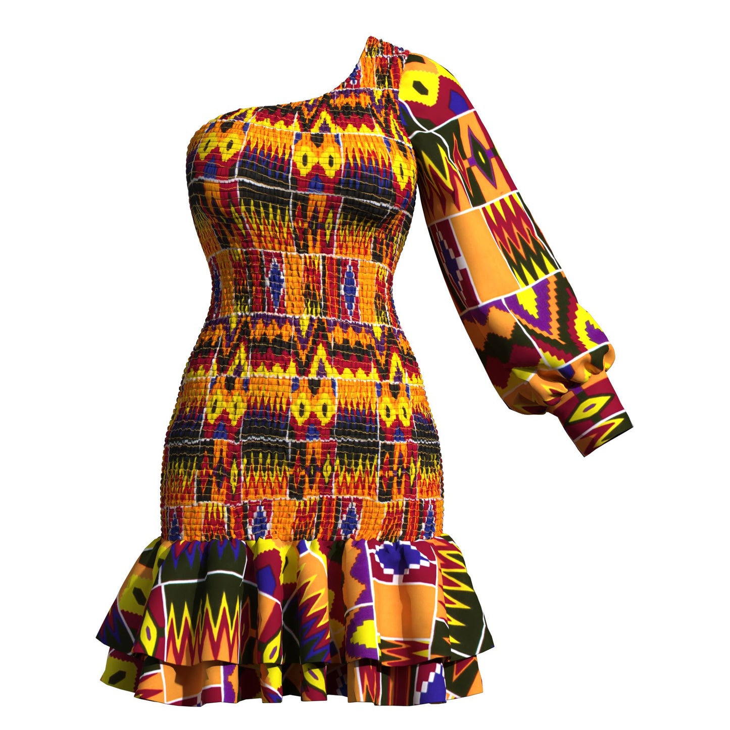 Ankara One-Shoulder Smocked Ruffle Hem Dress