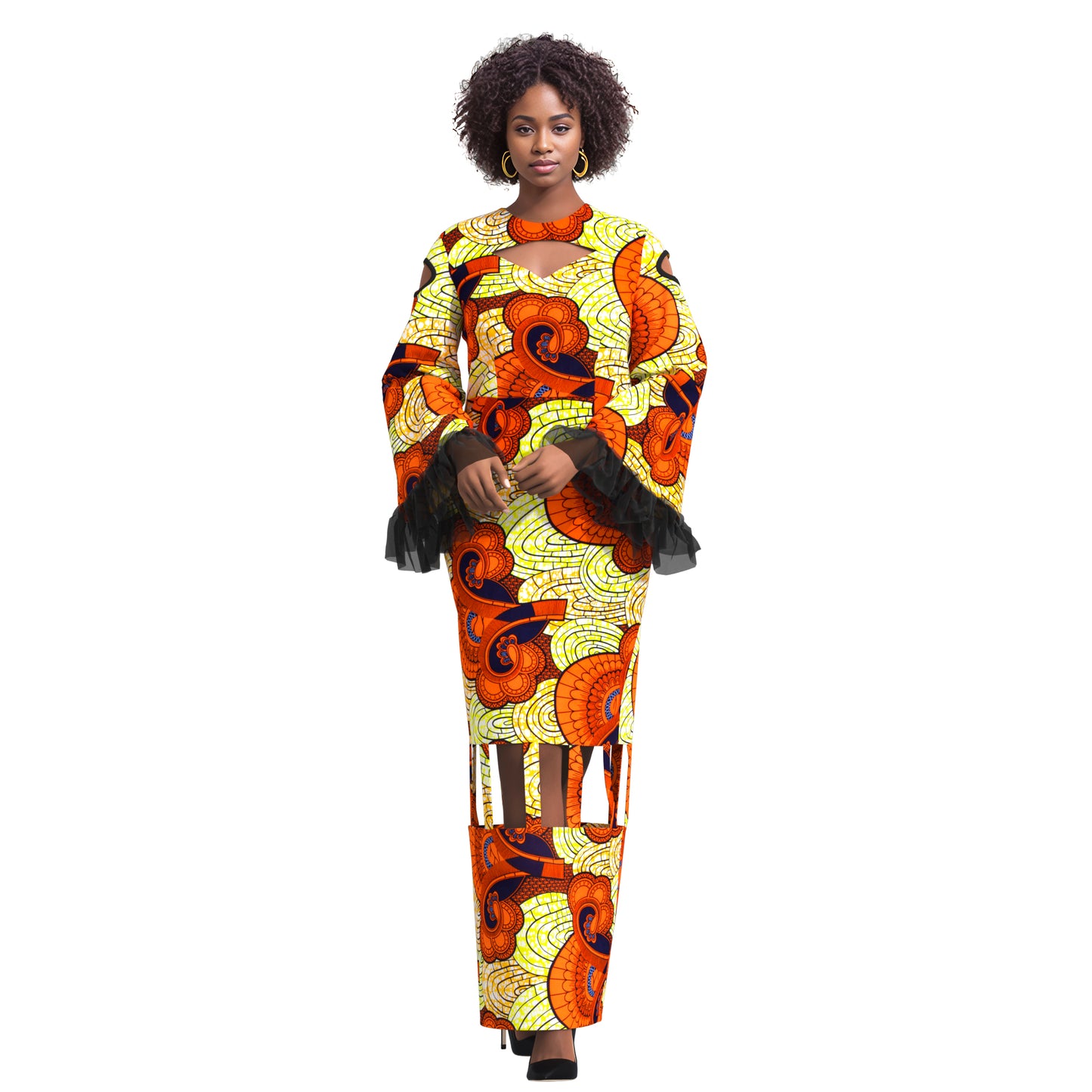 African Ankara Print Cutout Maxi Dress with Sheer Ruffle Cuffs