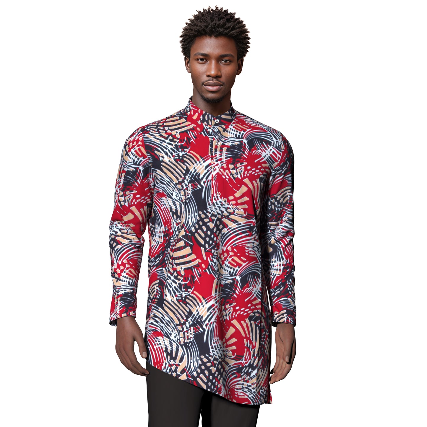 Ankara Print Men’s Mandarin Collar Asymmetric Hem Shirt