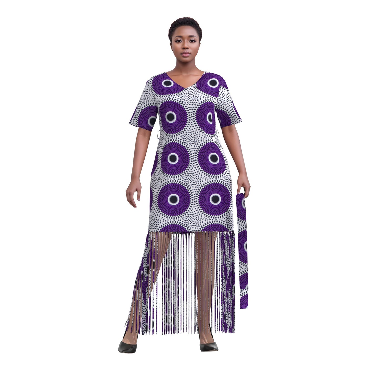 Bold Circular Ankara Print Fringe Hem Dress – Afrocentric Short Sleeve Midi Dress