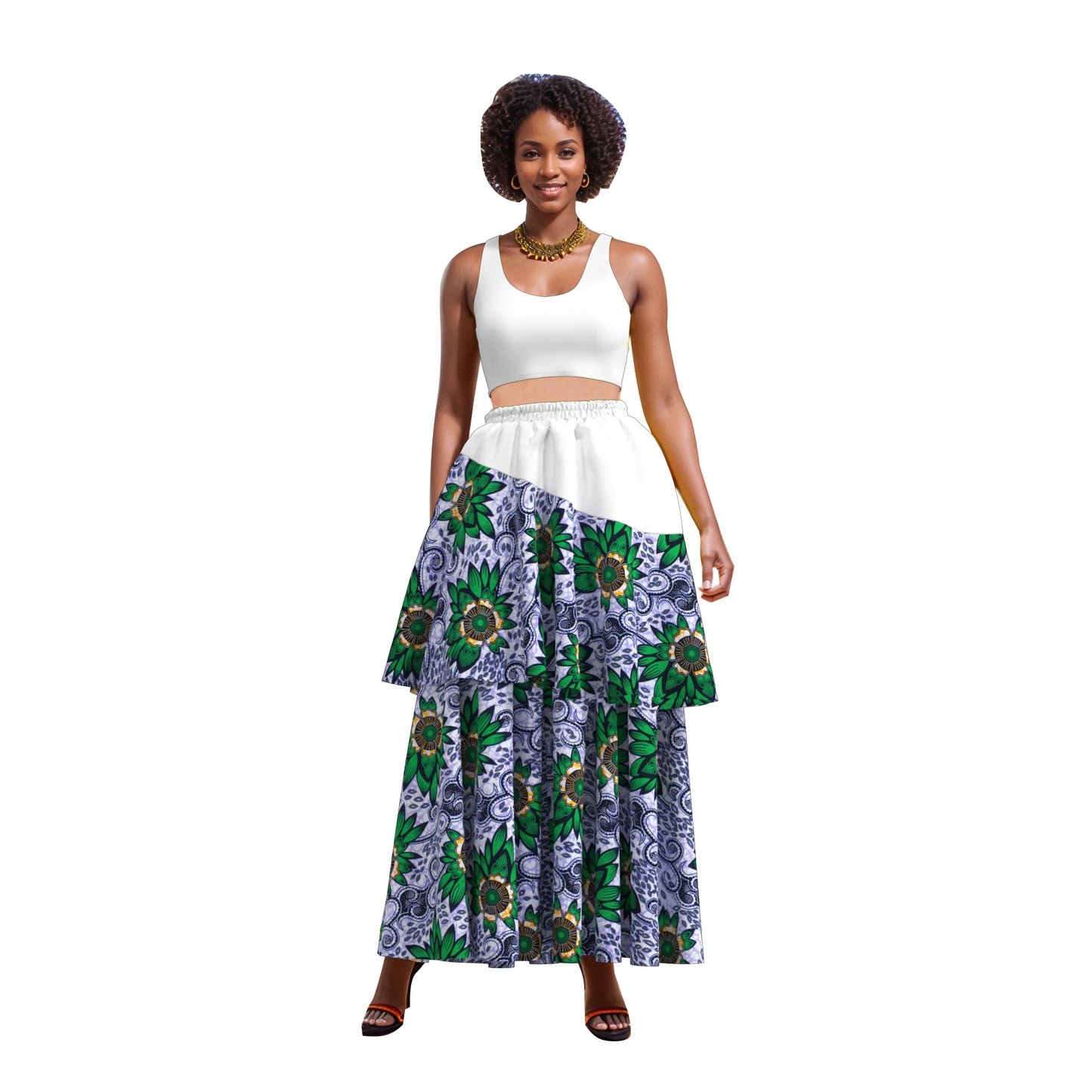 African Print Color Block Tiered Maxi Skirt