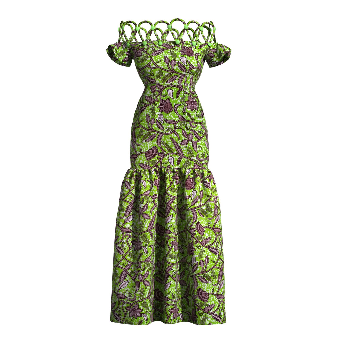 Women's African Print Off-Shoulder Maxi Dress | Rope Strap Detail | Ankara Ruffled Hem Gown