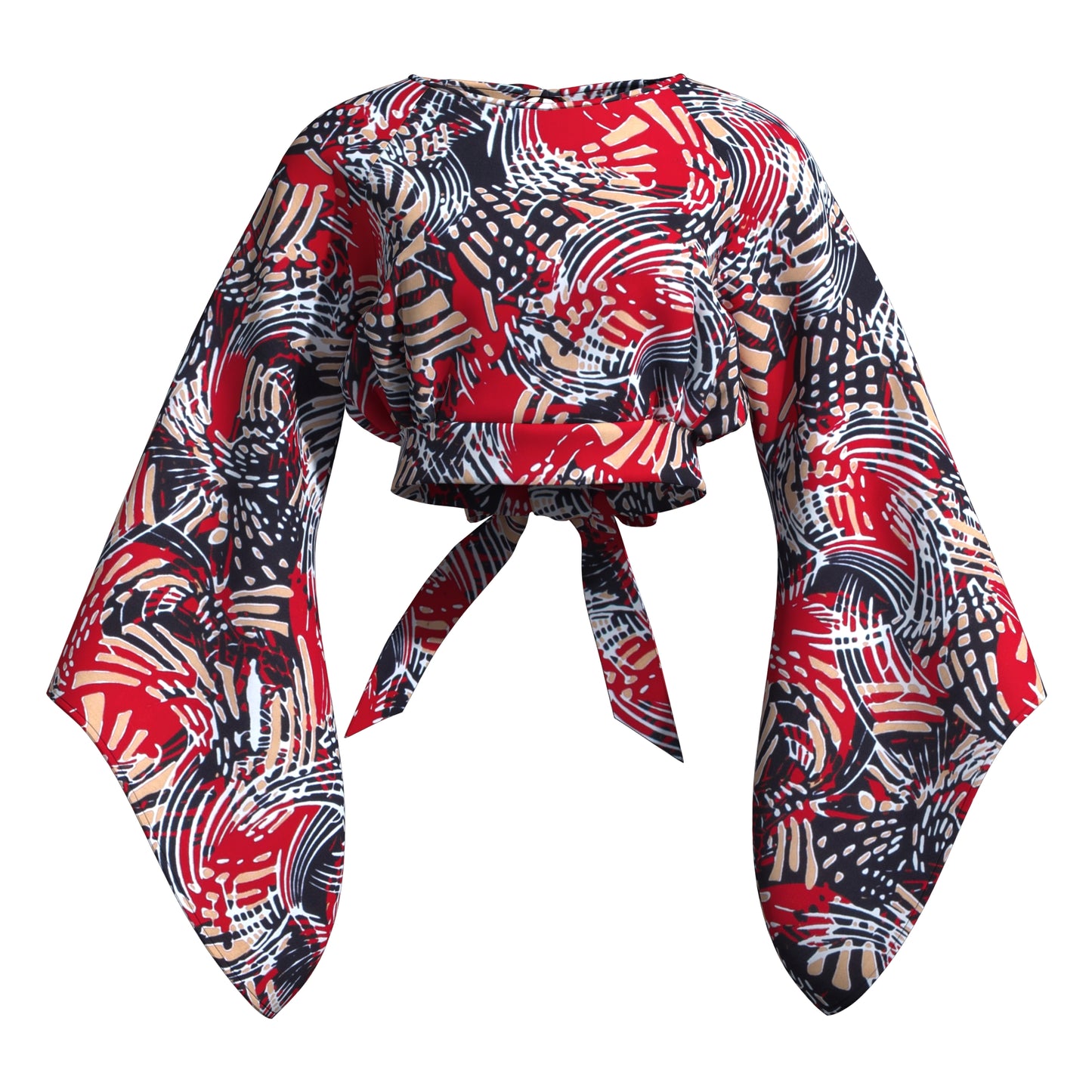 rinted Open Back Crop Top with Tie Waist & Extra Wide Bell Sleeve