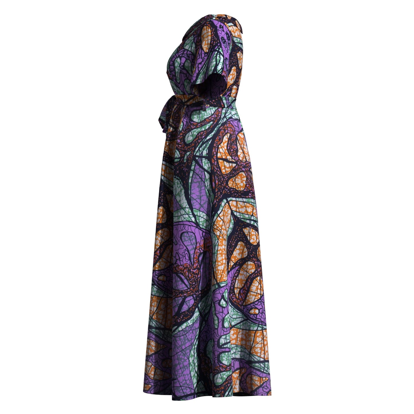 nkara Print Asymmetric Collar Short Sleeve Waist Tie Long Dress