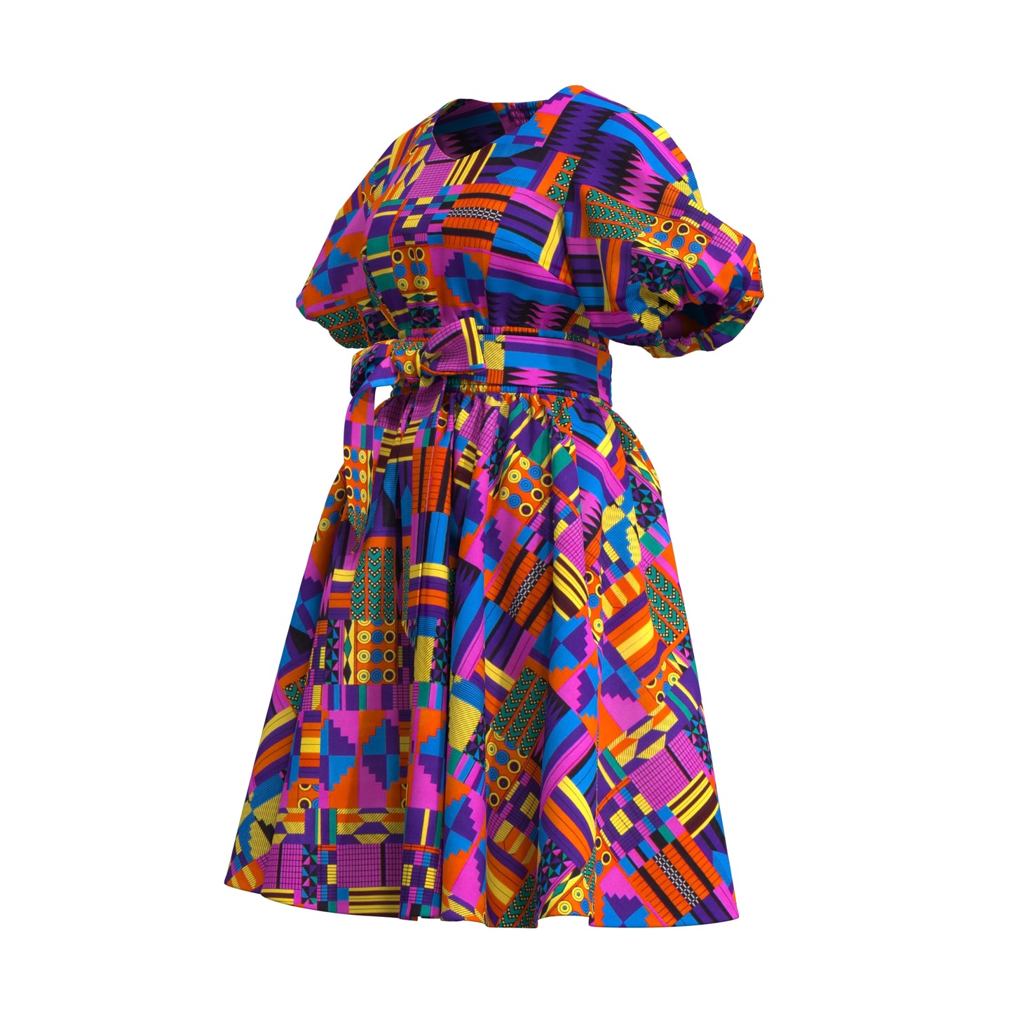 African Print Smocked Waist A-Line Midi Dress with Belt