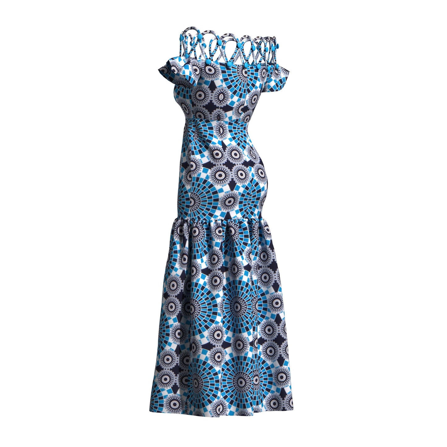 Women's African Print Off-Shoulder Maxi Dress | Rope Strap Detail | Ankara Ruffled Hem Gown