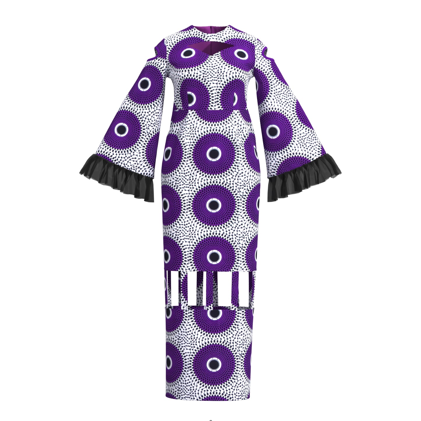 African Ankara Print Cutout Maxi Dress with Sheer Ruffle Cuffs
