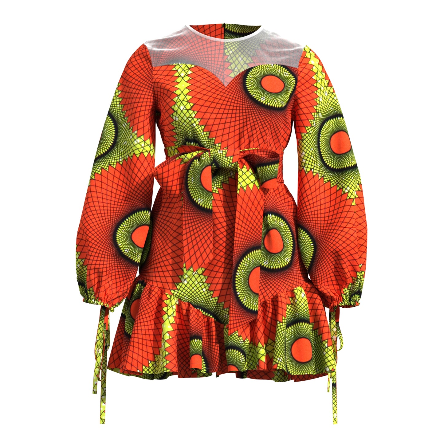 Sheer Mesh Neck African Print Belted Mini Dress