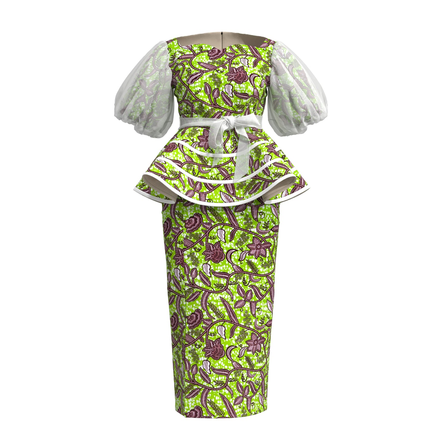 African Print Organza Sleeve Peplum Top & Midi Skirt Set