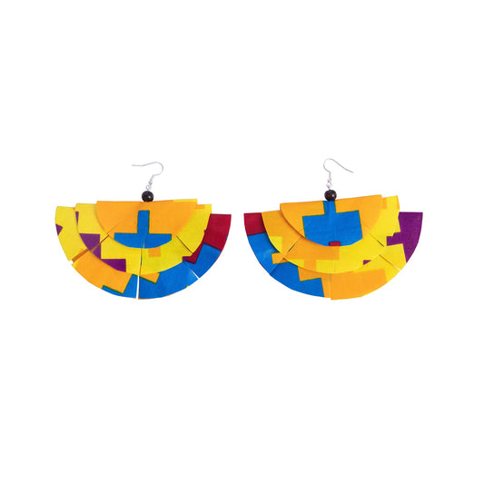 African Accessories Tiered Fan Shape Ankara Wax Print Fabric Dangle Earrings