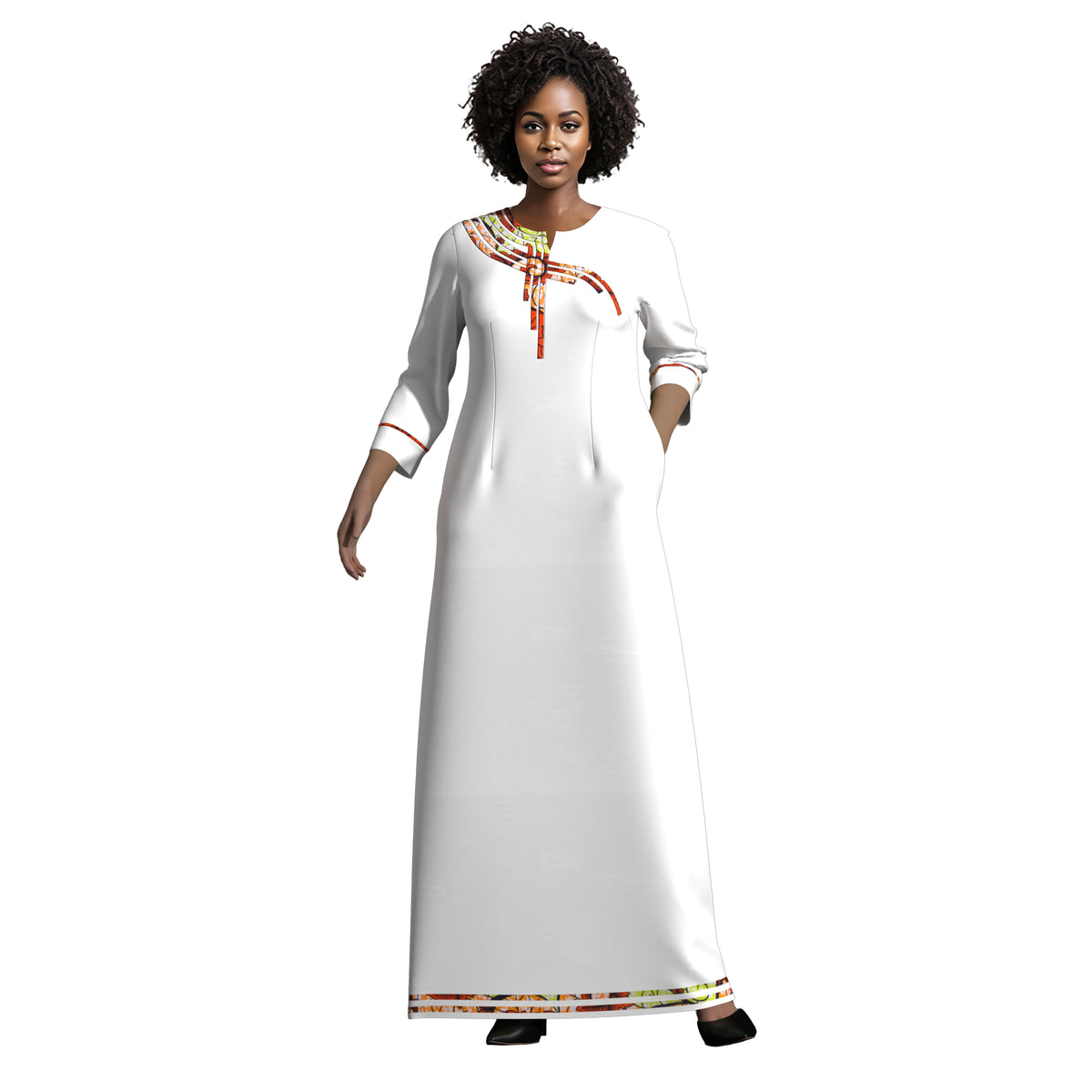 Elegant Solid Maxi Dress for Black Women, Ankara Print Splicing on Chest & Cuffs WY10572
