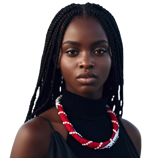 Ethnic African Print Wrapped Choker Necklace, Faux Pearl Accent Women Jewelry Accessories WYB1078