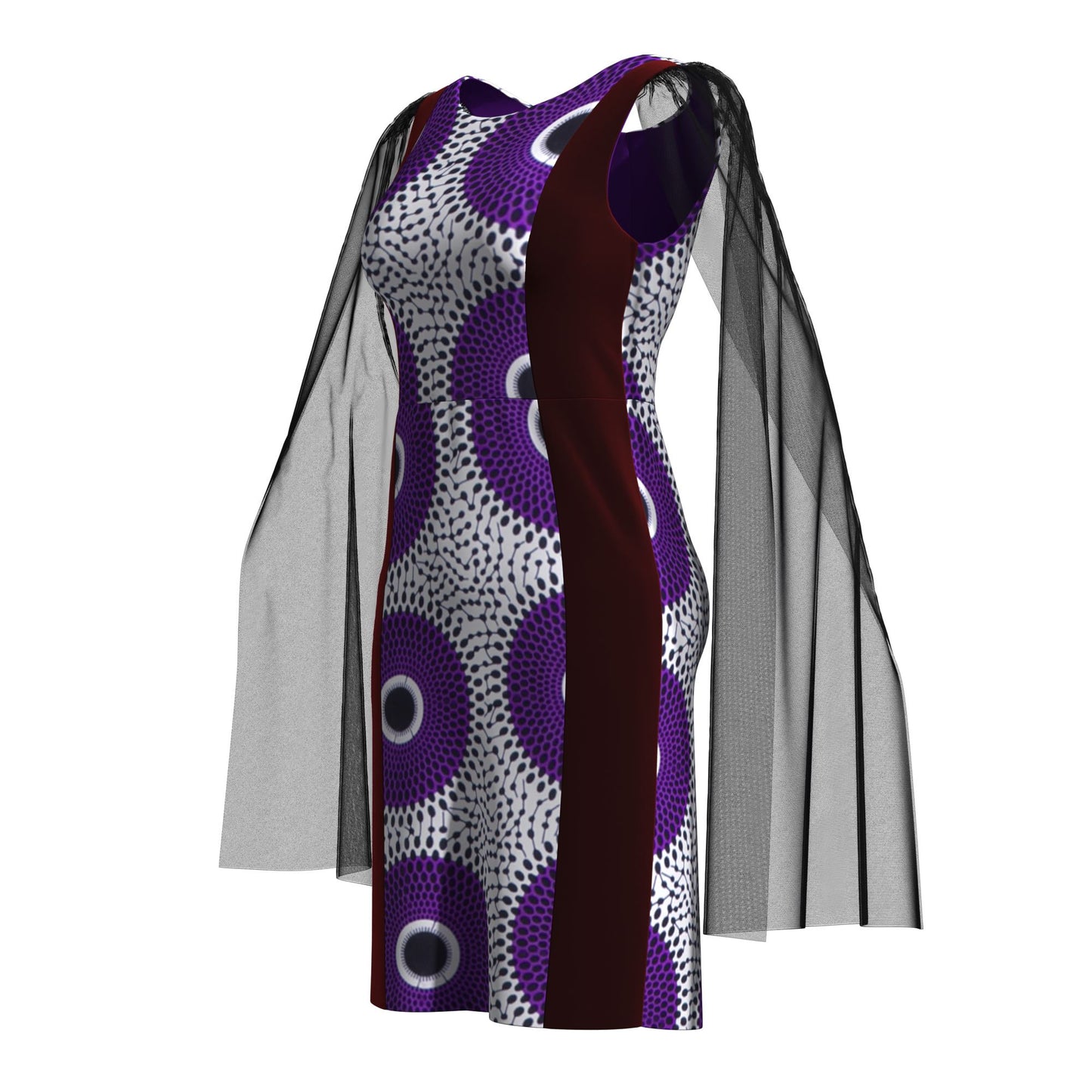 Traditional West African Print Sheath Dress – Sheer Cape Sleeve with Velvet Side Panels