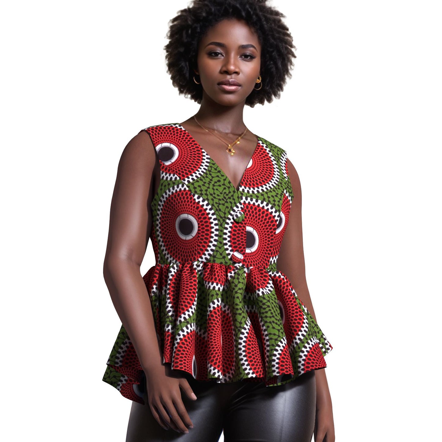 Handmade African Wax Print Sleeveless Peplum Blouse with Ruffle Detail