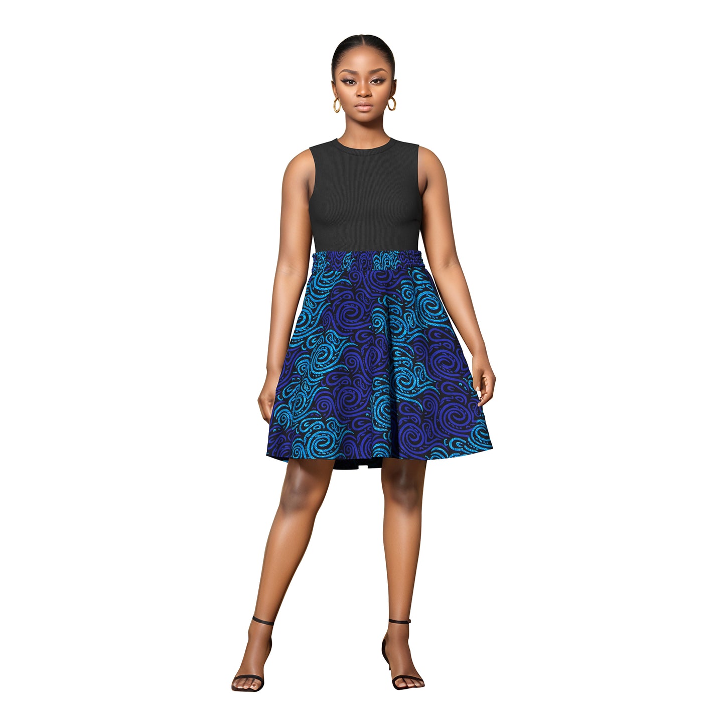African Print High Waist Swing Skirt with Elastic Waistband