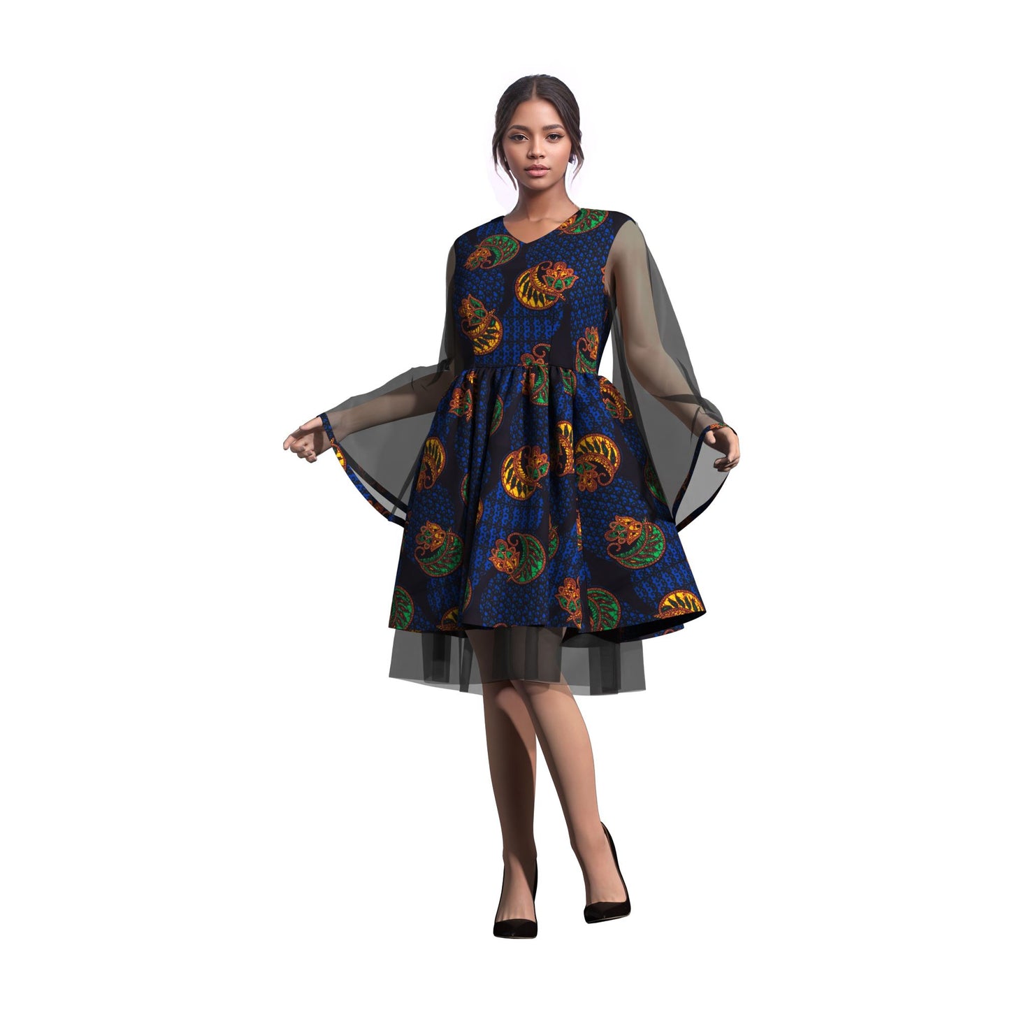 Ethnic African Floral Print Sheer Mesh Flare Sleeve Dress